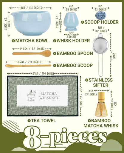 Matcha Whisk Set Gifts, 8 Pcs Ceramic Matcha Kit Set Includes Matcha Bowl, Matcha Whisk and Holder, Bamboo Spoon and Scoop, Scoop Rest, Sifter and Tea Towel - Sunflower