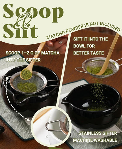 Matcha Whisk Set Gifts, 8 Pcs Ceramic Matcha Kit Set Includes Matcha Bowl, Matcha Whisk and Holder, Bamboo Spoon and Scoop, Scoop Rest, Sifter and Tea Towel - Sunflower
