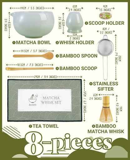 Matcha Whisk Set Gifts, 8 Pcs Ceramic Matcha Kit Set Includes Matcha Bowl, Matcha Whisk and Holder, Bamboo Spoon and Scoop, Scoop Rest, Sifter and Tea Towel - Sunflower
