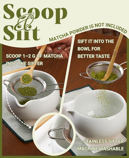 Matcha Whisk Set Gifts, 8 Pcs Ceramic Matcha Kit Set Includes Matcha Bowl, Matcha Whisk and Holder, Bamboo Spoon and Scoop, Scoop Rest, Sifter and Tea Towel - Sunflower