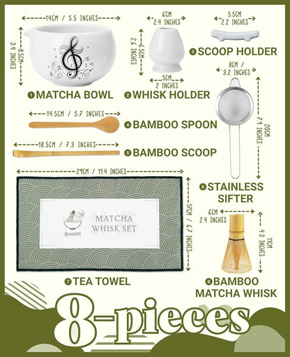 Matcha Whisk Set Gifts, 8 Pcs Ceramic Matcha Kit Set Includes Matcha Bowl, Matcha Whisk and Holder, Bamboo Spoon and Scoop, Scoop Rest, Sifter and Tea Towel - Sunflower