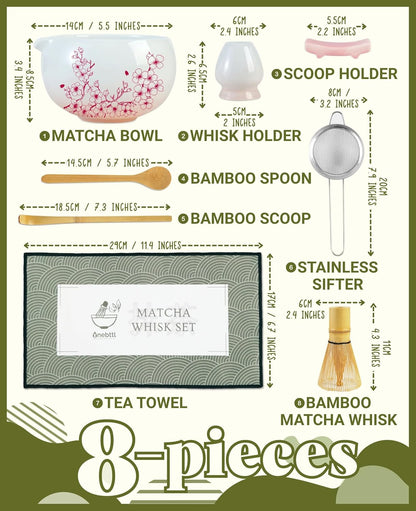 Matcha Whisk Set Gifts, 8 Pcs Ceramic Matcha Kit Set Includes Matcha Bowl, Matcha Whisk and Holder, Bamboo Spoon and Scoop, Scoop Rest, Sifter and Tea Towel - Sunflower