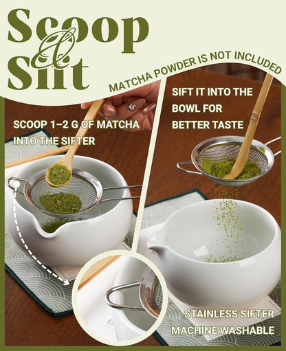 Matcha Whisk Set Gifts, 8 Pcs Ceramic Matcha Kit Set Includes Matcha Bowl, Matcha Whisk and Holder, Bamboo Spoon and Scoop, Scoop Rest, Sifter and Tea Towel - Sunflower