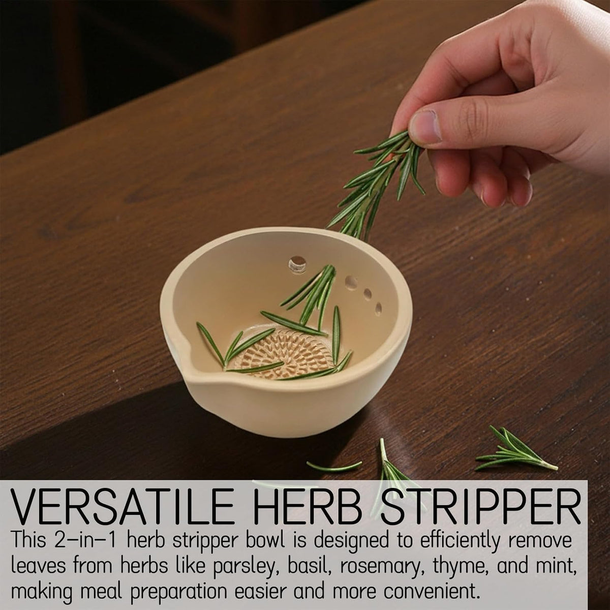 Herb Stripper Bowl 5 Holes with Garlic Grater - 2-in-1 Kitchen Tool for Parsley, Basil, Rosemary, Thyme, Mint - Dishwasher Safe - Gifts for Mom, Girlfriend, Cooking Lovers (Blue)