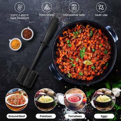 Premium Meat Chopper - 5 Curve Blade Ground Beef Smasher Tool - Heat-Resistant Nylon Meat Masher for Ground Beef, Hamburger, Potatoes - Non-Stick Ground Meat Chopper for Easy Mixing - Black