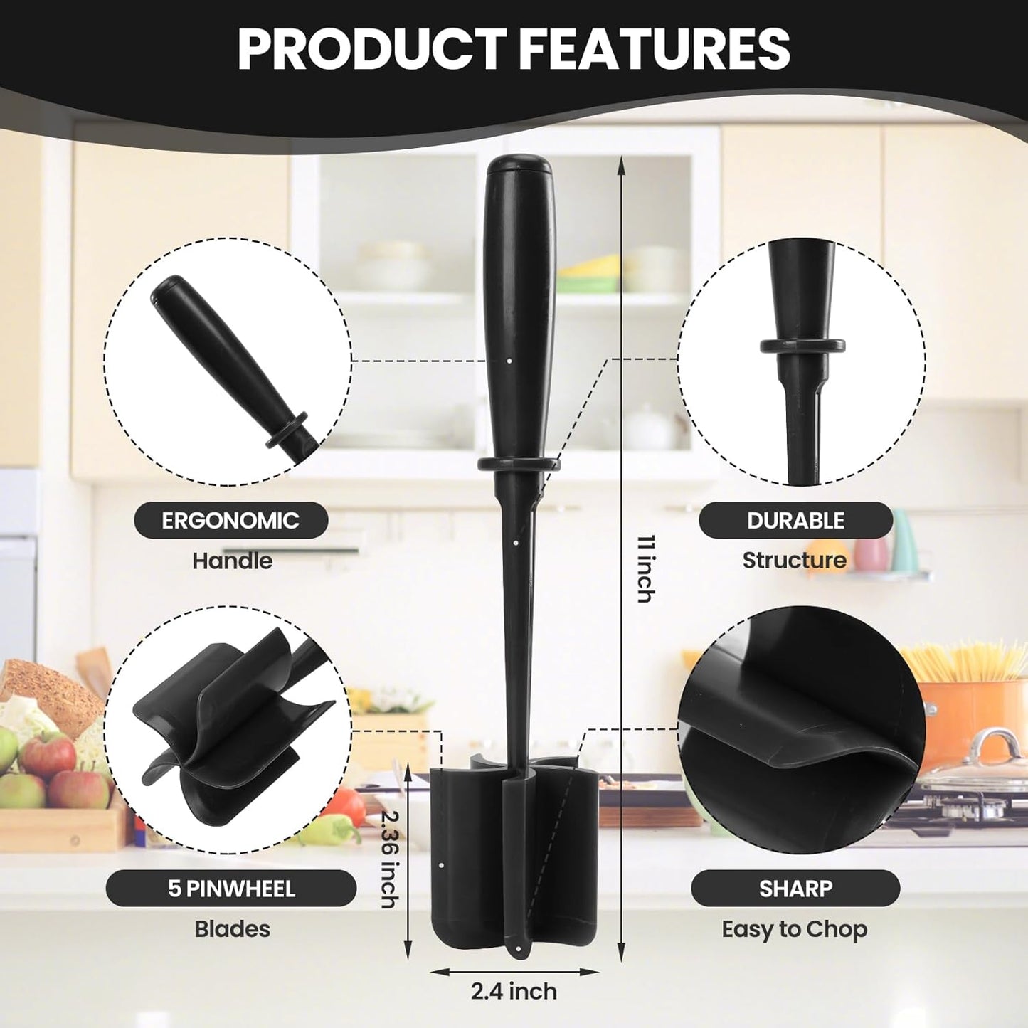 Premium Meat Chopper - 5 Curve Blade Ground Beef Smasher Tool - Heat-Resistant Nylon Meat Masher for Ground Beef, Hamburger, Potatoes - Non-Stick Ground Meat Chopper for Easy Mixing - Black
