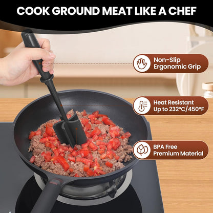 Premium Meat Chopper - 5 Curve Blade Ground Beef Smasher Tool - Heat-Resistant Nylon Meat Masher for Ground Beef, Hamburger, Potatoes - Non-Stick Ground Meat Chopper for Easy Mixing - Black