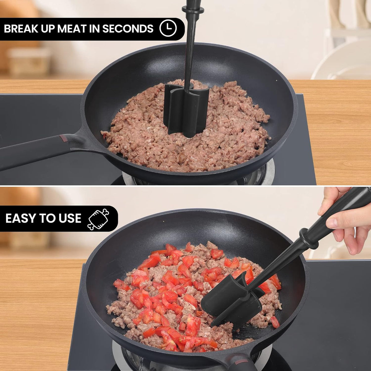 Premium Meat Chopper - 5 Curve Blade Ground Beef Smasher Tool - Heat-Resistant Nylon Meat Masher for Ground Beef, Hamburger, Potatoes - Non-Stick Ground Meat Chopper for Easy Mixing - Black