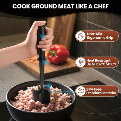 Premium Meat Chopper - 5 Curve Blade Ground Beef Smasher Tool - Heat-Resistant Nylon Meat Masher for Ground Beef, Hamburger, Potatoes - Non-Stick Ground Meat Chopper for Easy Mixing - Black