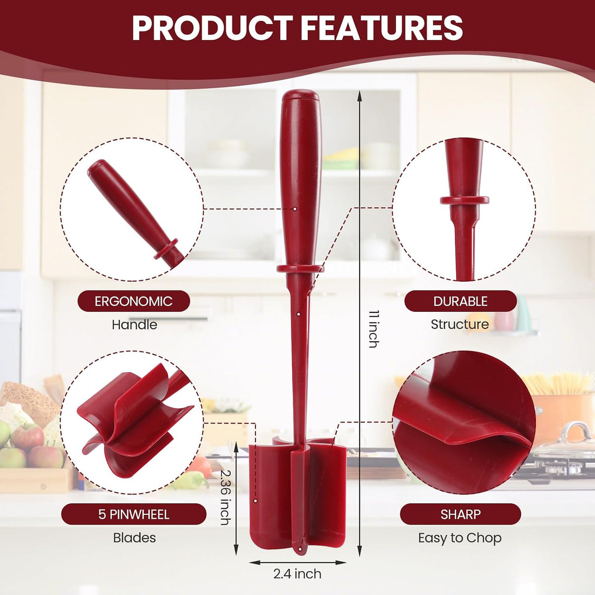 Premium Meat Chopper - 5 Curve Blade Ground Beef Smasher Tool - Heat-Resistant Nylon Meat Masher for Ground Beef, Hamburger, Potatoes - Non-Stick Ground Meat Chopper for Easy Mixing - Black