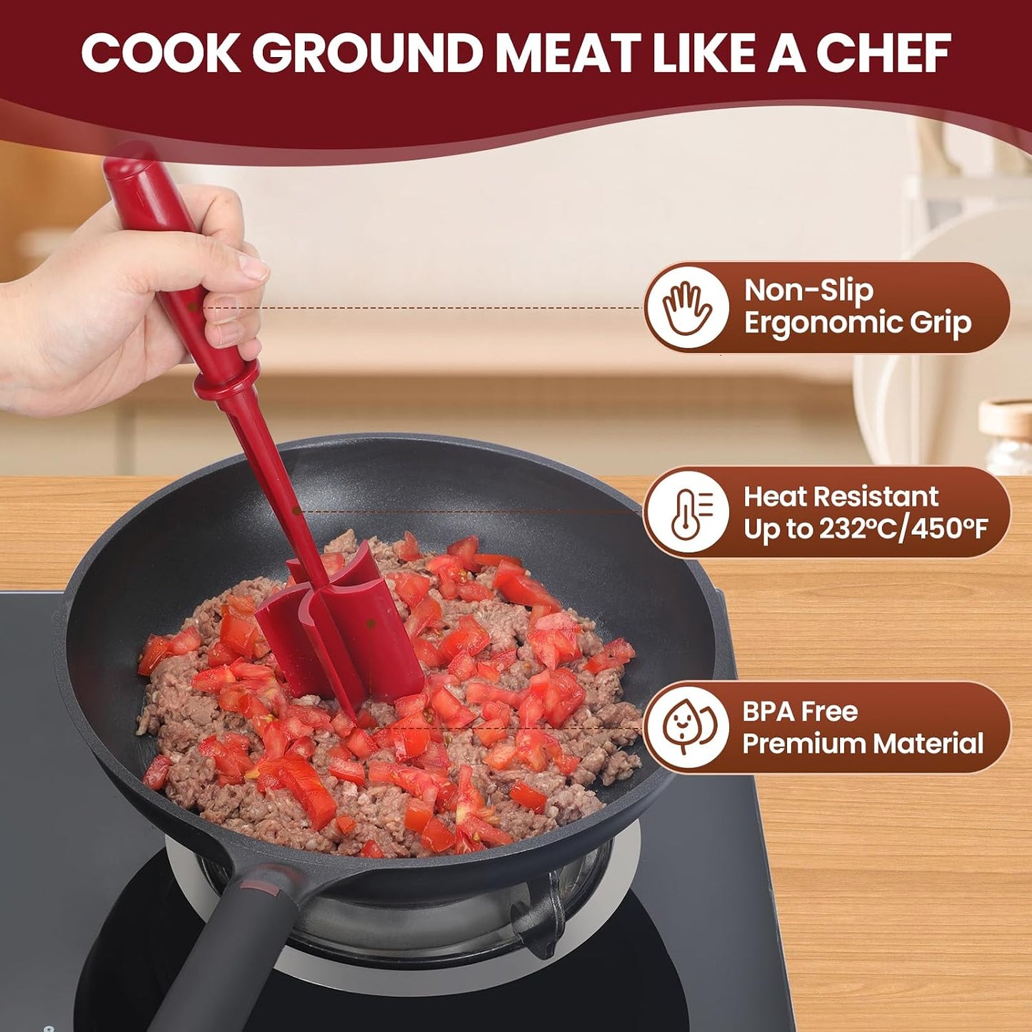 Premium Meat Chopper - 5 Curve Blade Ground Beef Smasher Tool - Heat-Resistant Nylon Meat Masher for Ground Beef, Hamburger, Potatoes - Non-Stick Ground Meat Chopper for Easy Mixing - Black