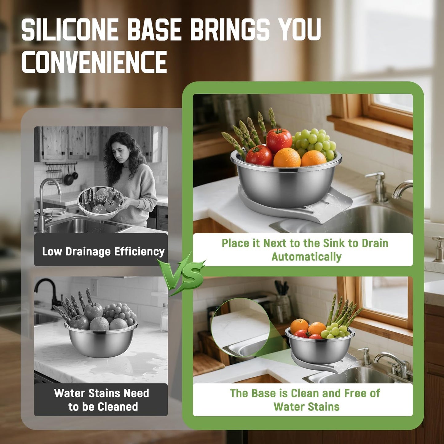 304 Stainless Steel Colander with Self-Draining Base, 5QT Food-Grade Silicone Base Large Colander Strainer for Kitchen Pasta Strainer Washing Bowl for Pasta Rice Fruits Vegetables