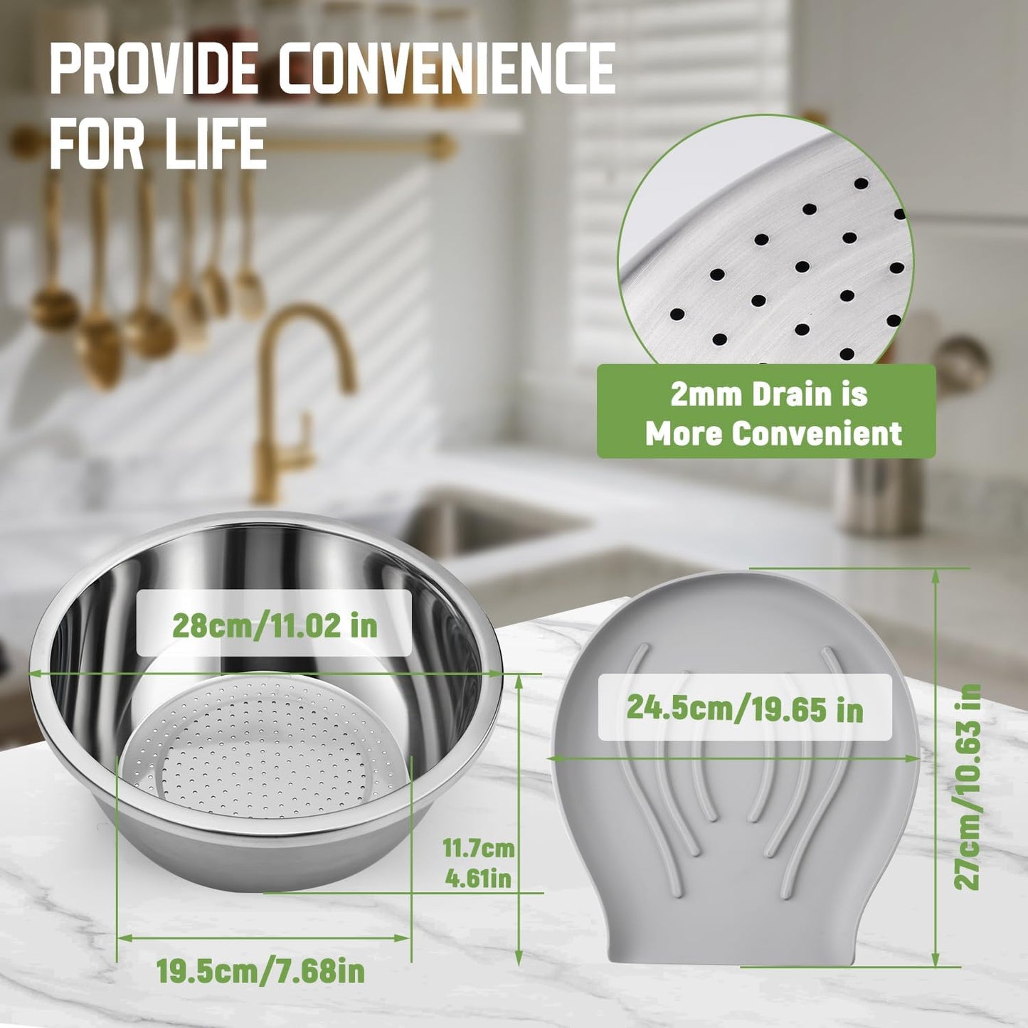 304 Stainless Steel Colander with Self-Draining Base, 5QT Food-Grade Silicone Base Large Colander Strainer for Kitchen Pasta Strainer Washing Bowl for Pasta Rice Fruits Vegetables