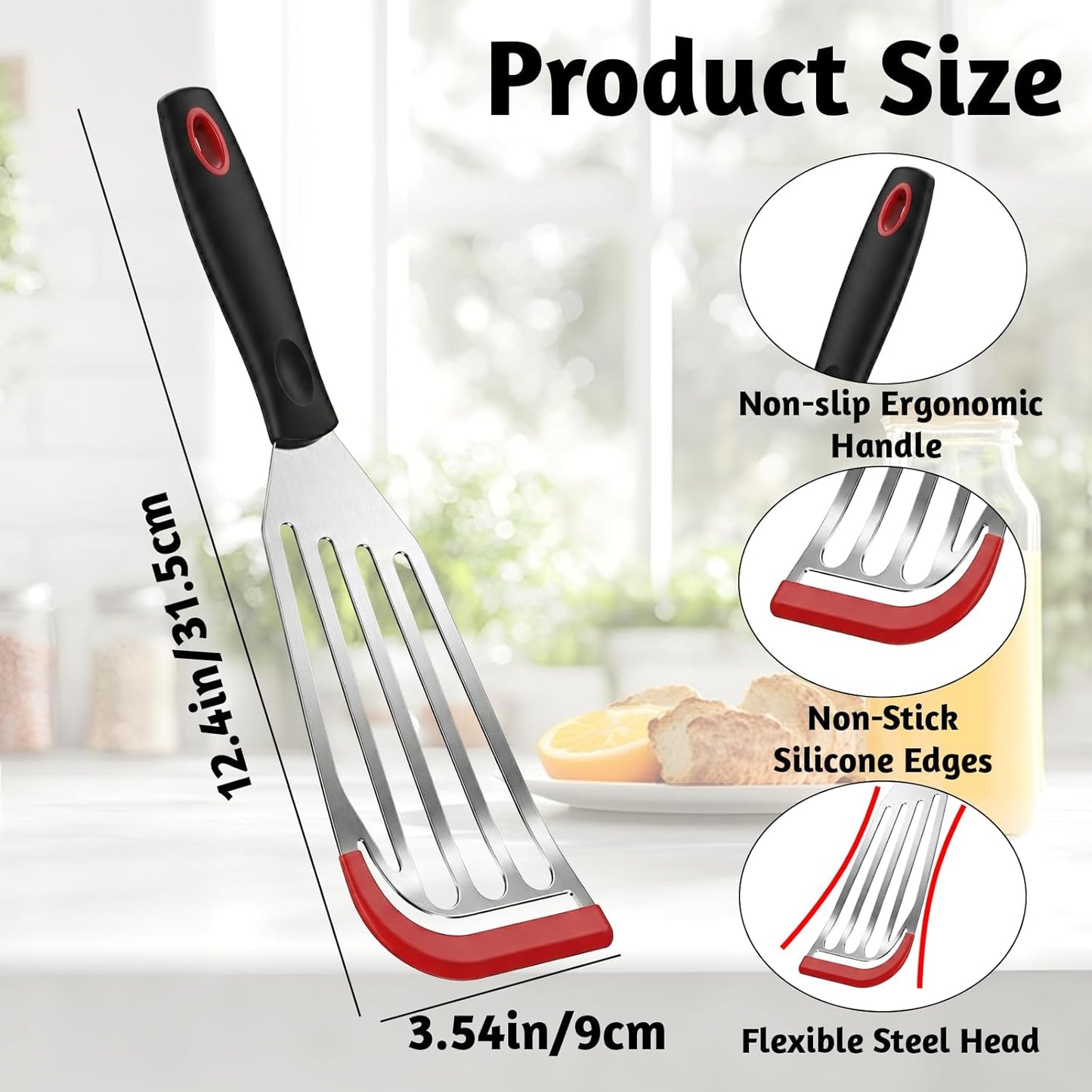 Silicone Fish Spatula Heat Resistant Silicone Edge Fish Slotted Turner Spatula Flexible Thin Stainless Steel Flipper Kitchen Cooking Use Utensils for Egg Pancake Nonstick Cookware