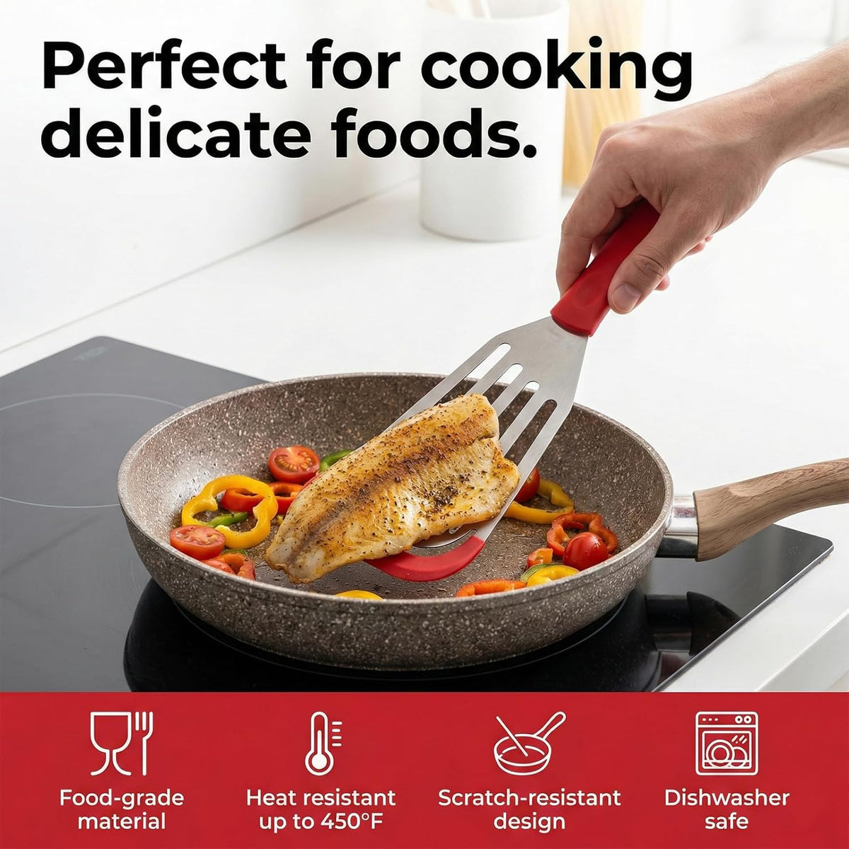 Silicone Fish Spatula Heat Resistant Silicone Edge Fish Slotted Turner Spatula Flexible Thin Stainless Steel Flipper Kitchen Cooking Use Utensils for Egg Pancake Nonstick Cookware