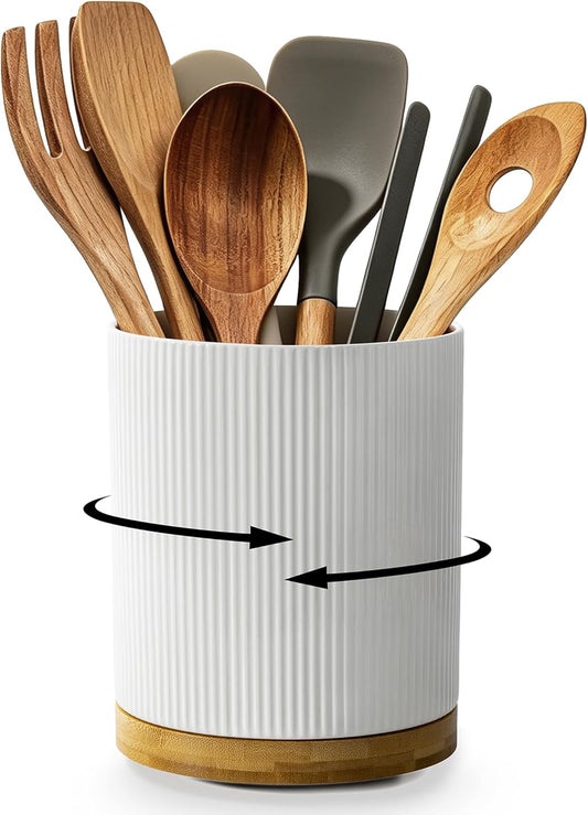 360° Rotating Utensil Holder for Kitchen Countertop, 7.76 Inch Height | Kitchen Utensil Holder for Countertop, Rotating Utensil Crock, White Ceramic Extra Large Utensil Holder for Kitchen