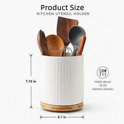 360° Rotating Utensil Holder for Kitchen Countertop, 7.76 Inch Height | Kitchen Utensil Holder for Countertop, Rotating Utensil Crock, White Ceramic Extra Large Utensil Holder for Kitchen