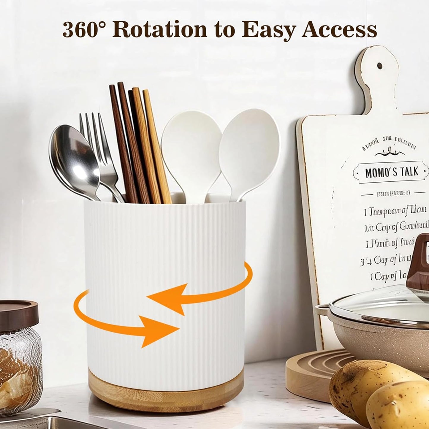 360° Rotating Utensil Holder for Kitchen Countertop, 7.76 Inch Height | Kitchen Utensil Holder for Countertop, Rotating Utensil Crock, White Ceramic Extra Large Utensil Holder for Kitchen