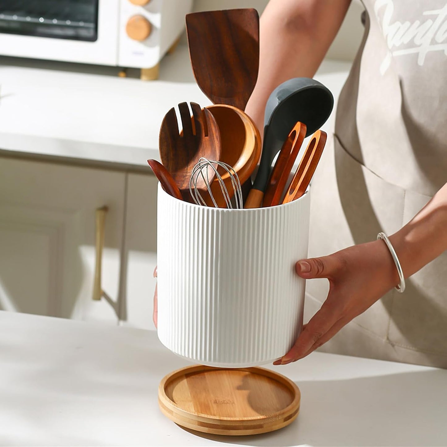 360° Rotating Utensil Holder for Kitchen Countertop, 7.76 Inch Height | Kitchen Utensil Holder for Countertop, Rotating Utensil Crock, White Ceramic Extra Large Utensil Holder for Kitchen