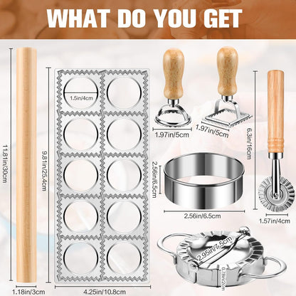 8 Pieces Ravioli Mold Set, ravioli cutter, Ravioli Maker Cutter with Roller Wheel, Ravioli Cutter Set with Wooden Handle, Pasta Making Kit for Ravioli Press Mold. Suitable for home and restaurant us