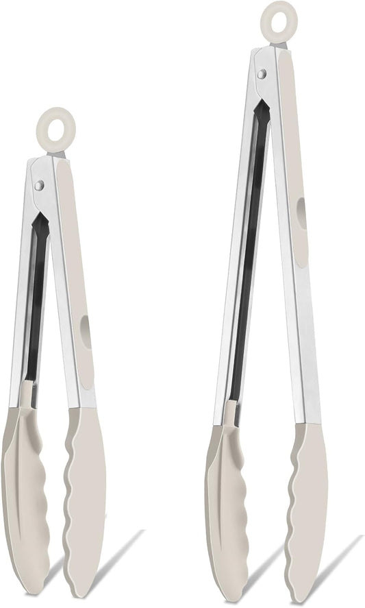 Kitchen Tongs, 9"&12" Stainless Steel Heat Resistant Cooking Tongs | with Silicone Tips for Cooking Grilling Serving & BBQ, Silicone Tongs, Locking Design & Dishwasher Safe, Set of 2 & Khaki