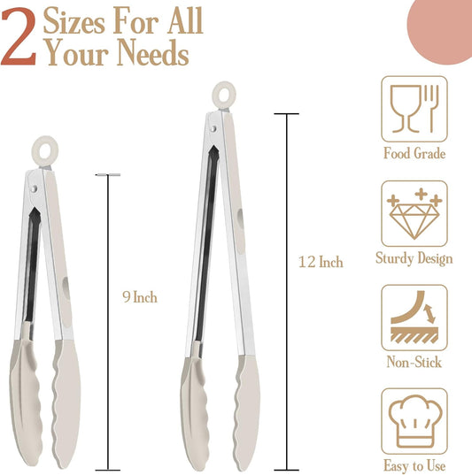 Kitchen Tongs, 9"&12" Stainless Steel Heat Resistant Cooking Tongs | with Silicone Tips for Cooking Grilling Serving & BBQ, Silicone Tongs, Locking Design & Dishwasher Safe, Set of 2 & Khaki
