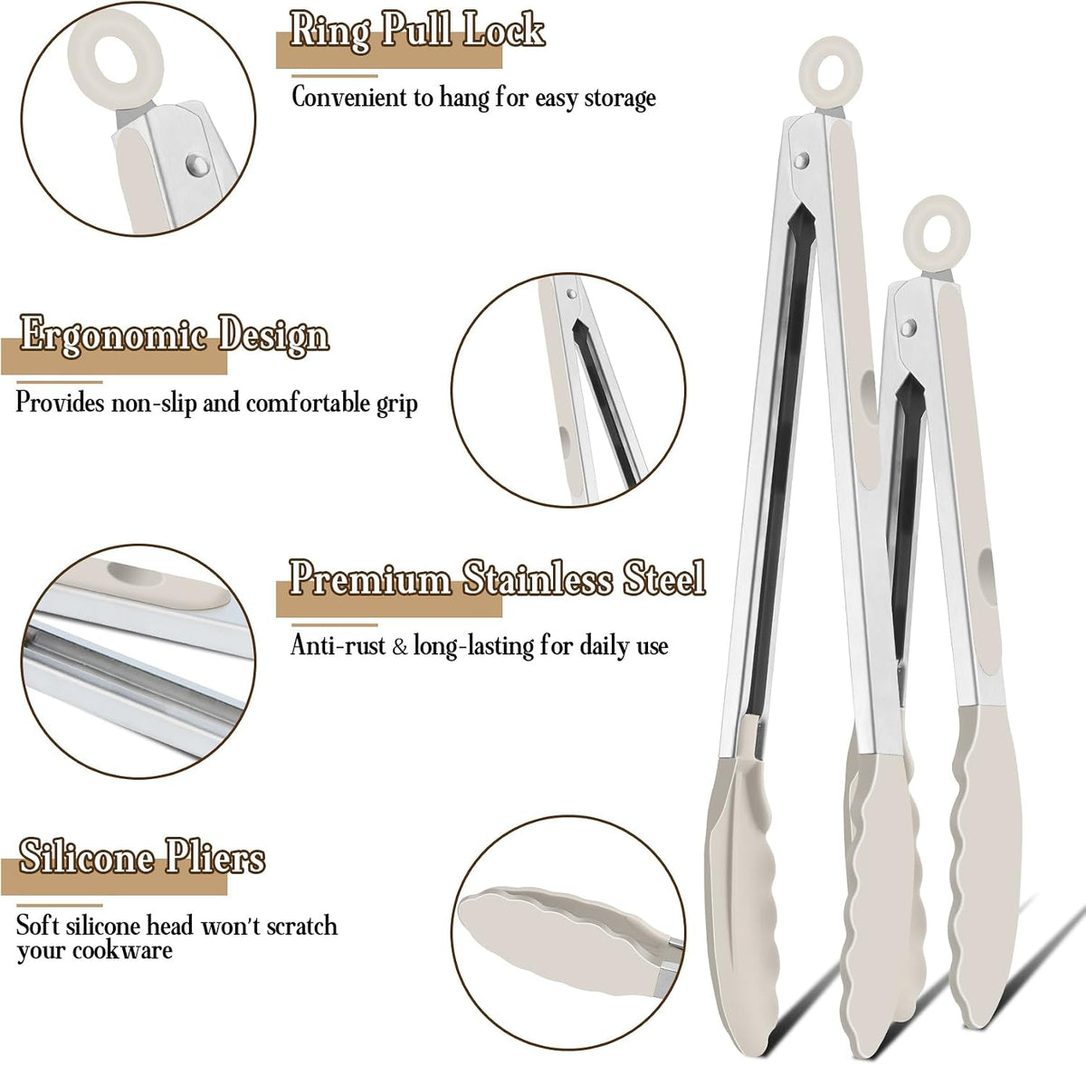 Kitchen Tongs, 9"&12" Stainless Steel Heat Resistant Cooking Tongs | with Silicone Tips for Cooking Grilling Serving & BBQ, Silicone Tongs, Locking Design & Dishwasher Safe, Set of 2 & Khaki