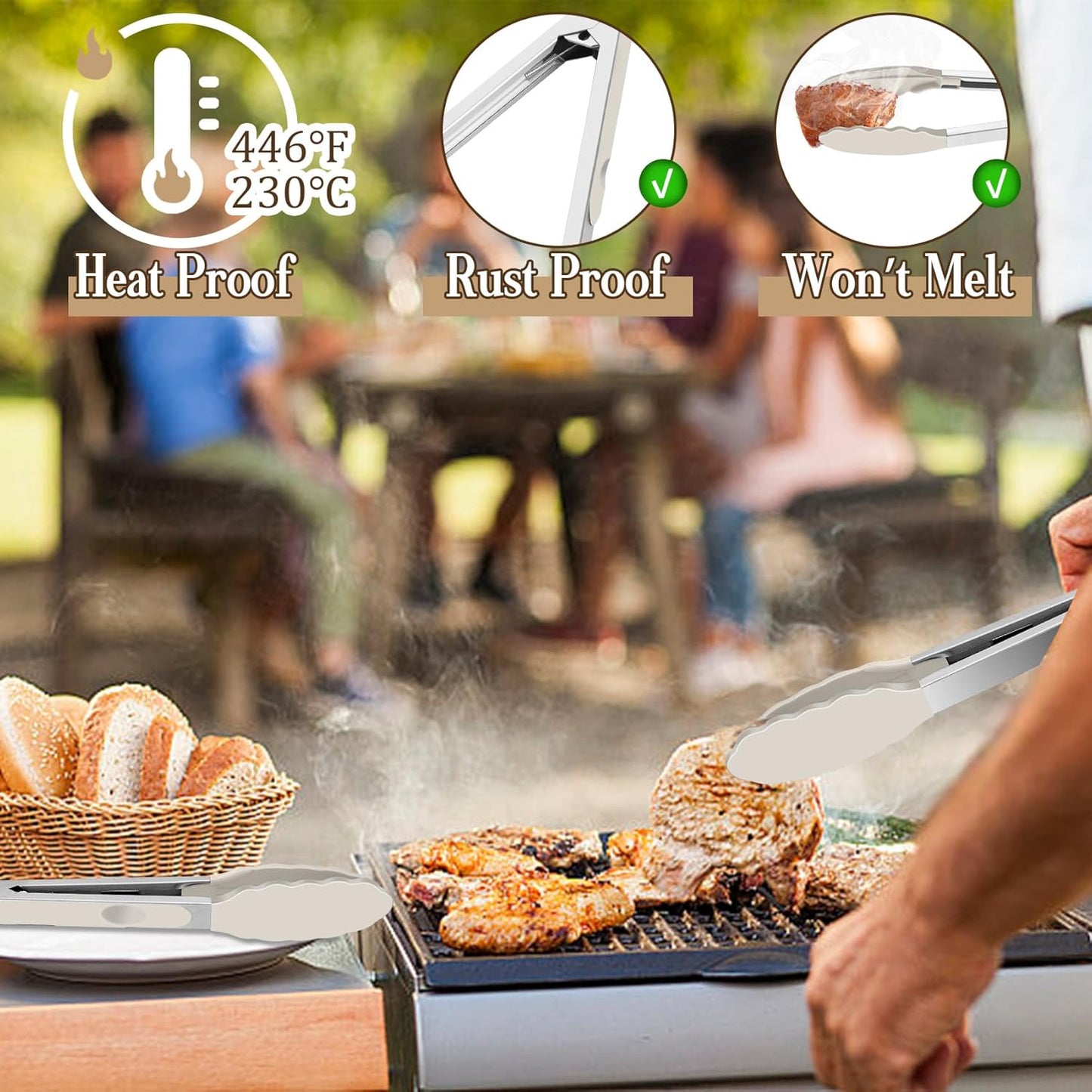 Kitchen Tongs, 9"&12" Stainless Steel Heat Resistant Cooking Tongs | with Silicone Tips for Cooking Grilling Serving & BBQ, Silicone Tongs, Locking Design & Dishwasher Safe, Set of 2 & Khaki