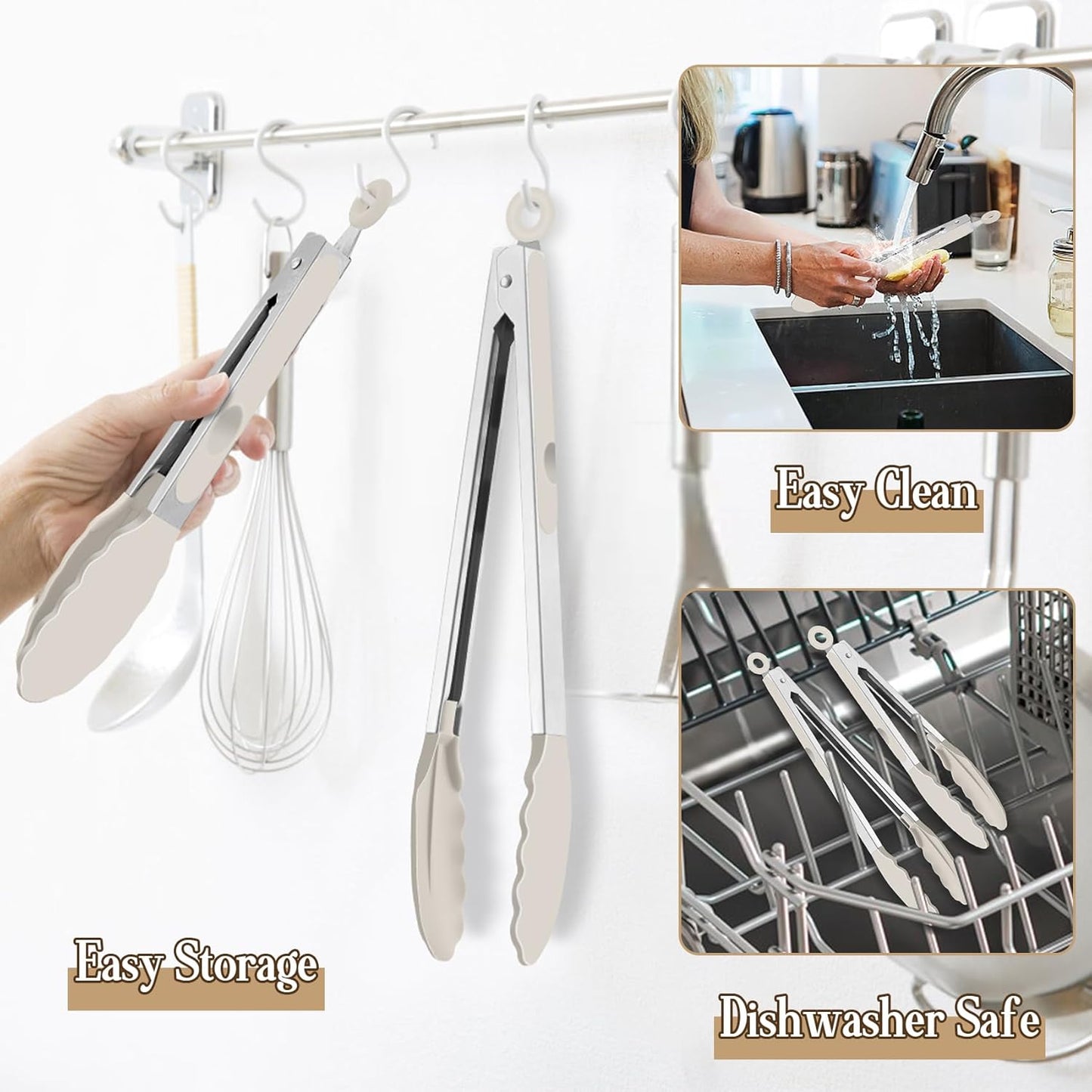 Kitchen Tongs, 9"&12" Stainless Steel Heat Resistant Cooking Tongs | with Silicone Tips for Cooking Grilling Serving & BBQ, Silicone Tongs, Locking Design & Dishwasher Safe, Set of 2 & Khaki
