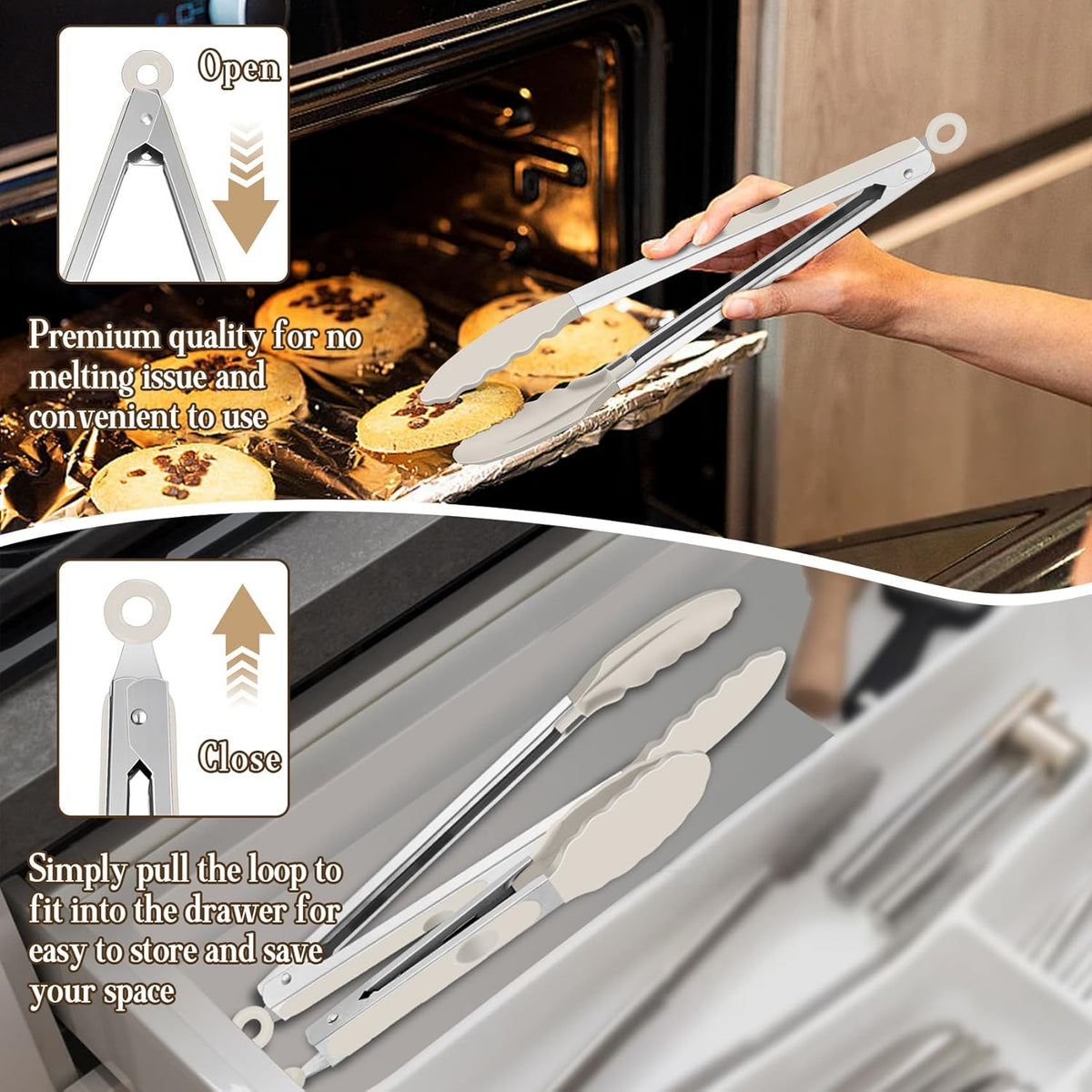 Kitchen Tongs, 9"&12" Stainless Steel Heat Resistant Cooking Tongs | with Silicone Tips for Cooking Grilling Serving & BBQ, Silicone Tongs, Locking Design & Dishwasher Safe, Set of 2 & Khaki