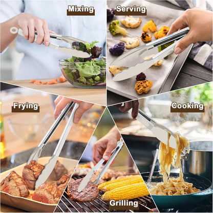 Kitchen Tongs, 9"&12" Stainless Steel Heat Resistant Cooking Tongs | with Silicone Tips for Cooking Grilling Serving & BBQ, Silicone Tongs, Locking Design & Dishwasher Safe, Set of 2 & Khaki