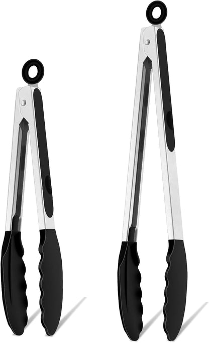 Kitchen Tongs, 9"&12" Stainless Steel Heat Resistant Cooking Tongs | with Silicone Tips for Cooking Grilling Serving & BBQ, Silicone Tongs, Locking Design & Dishwasher Safe, Set of 2 & Khaki