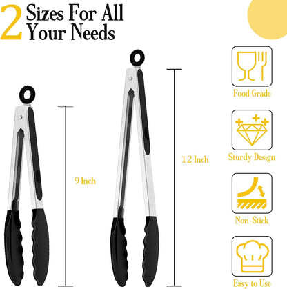 Kitchen Tongs, 9"&12" Stainless Steel Heat Resistant Cooking Tongs | with Silicone Tips for Cooking Grilling Serving & BBQ, Silicone Tongs, Locking Design & Dishwasher Safe, Set of 2 & Khaki