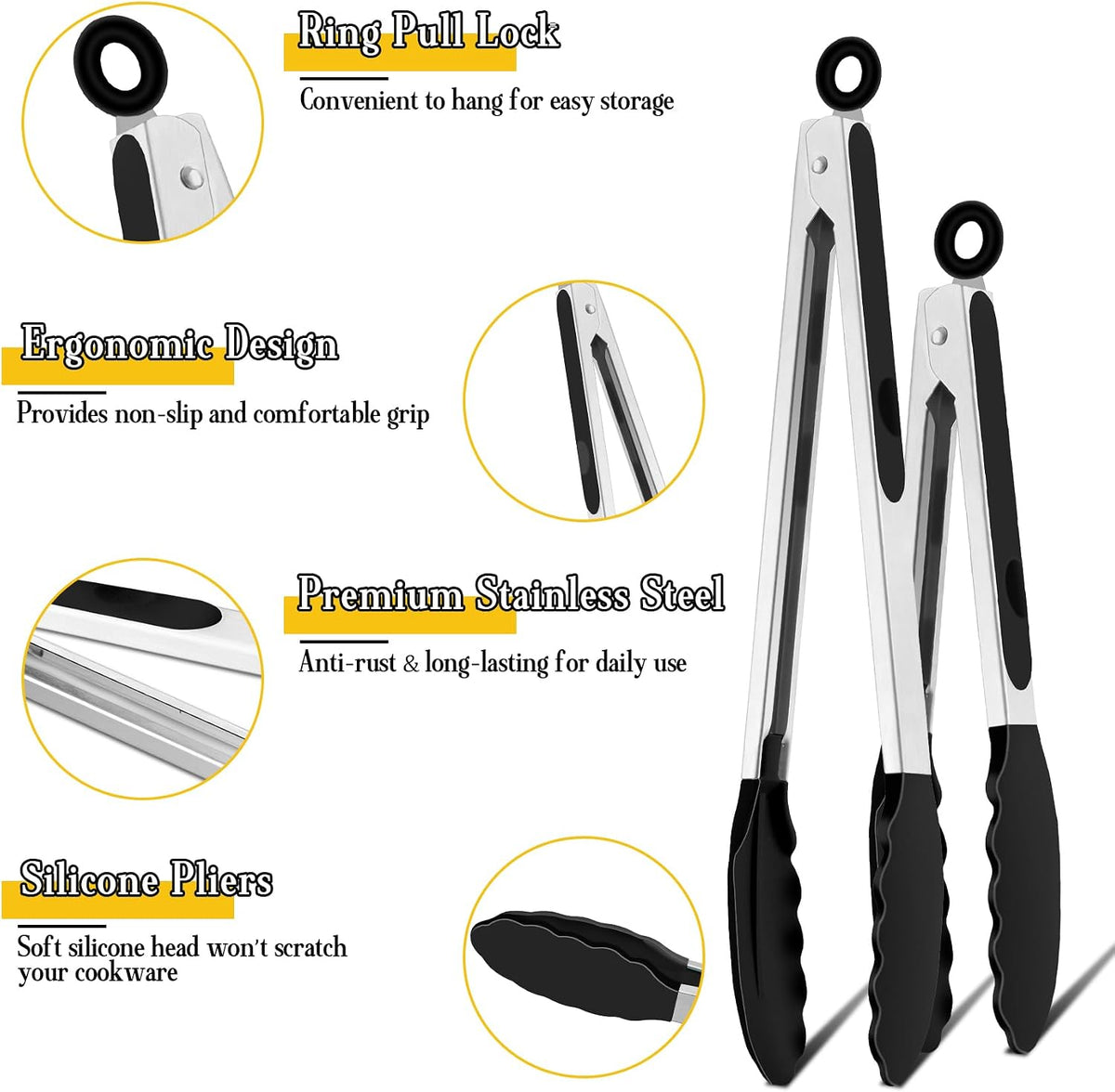 Kitchen Tongs, 9"&12" Stainless Steel Heat Resistant Cooking Tongs | with Silicone Tips for Cooking Grilling Serving & BBQ, Silicone Tongs, Locking Design & Dishwasher Safe, Set of 2 & Khaki
