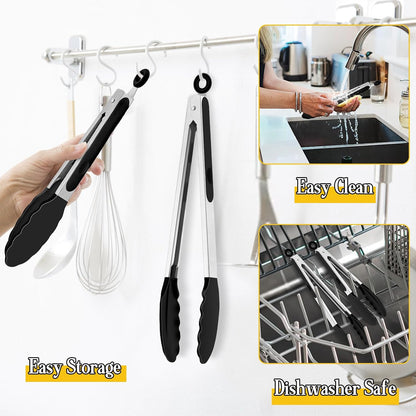 Kitchen Tongs, 9"&12" Stainless Steel Heat Resistant Cooking Tongs | with Silicone Tips for Cooking Grilling Serving & BBQ, Silicone Tongs, Locking Design & Dishwasher Safe, Set of 2 & Khaki