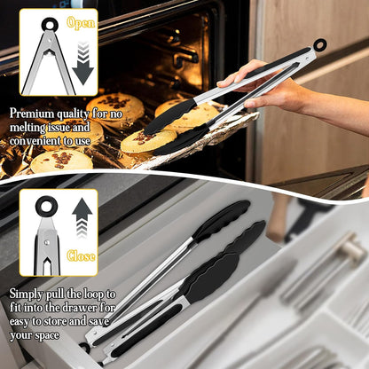 Kitchen Tongs, 9"&12" Stainless Steel Heat Resistant Cooking Tongs | with Silicone Tips for Cooking Grilling Serving & BBQ, Silicone Tongs, Locking Design & Dishwasher Safe, Set of 2 & Khaki