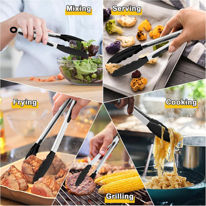Kitchen Tongs, 9"&12" Stainless Steel Heat Resistant Cooking Tongs | with Silicone Tips for Cooking Grilling Serving & BBQ, Silicone Tongs, Locking Design & Dishwasher Safe, Set of 2 & Khaki