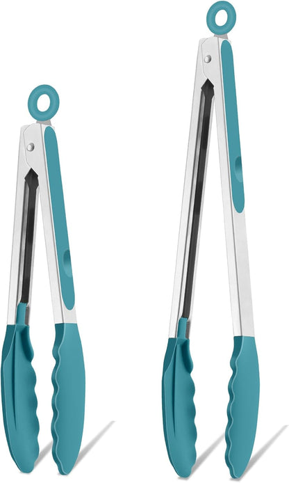 Kitchen Tongs, 9"&12" Stainless Steel Heat Resistant Cooking Tongs | with Silicone Tips for Cooking Grilling Serving & BBQ, Silicone Tongs, Locking Design & Dishwasher Safe, Set of 2 & Khaki