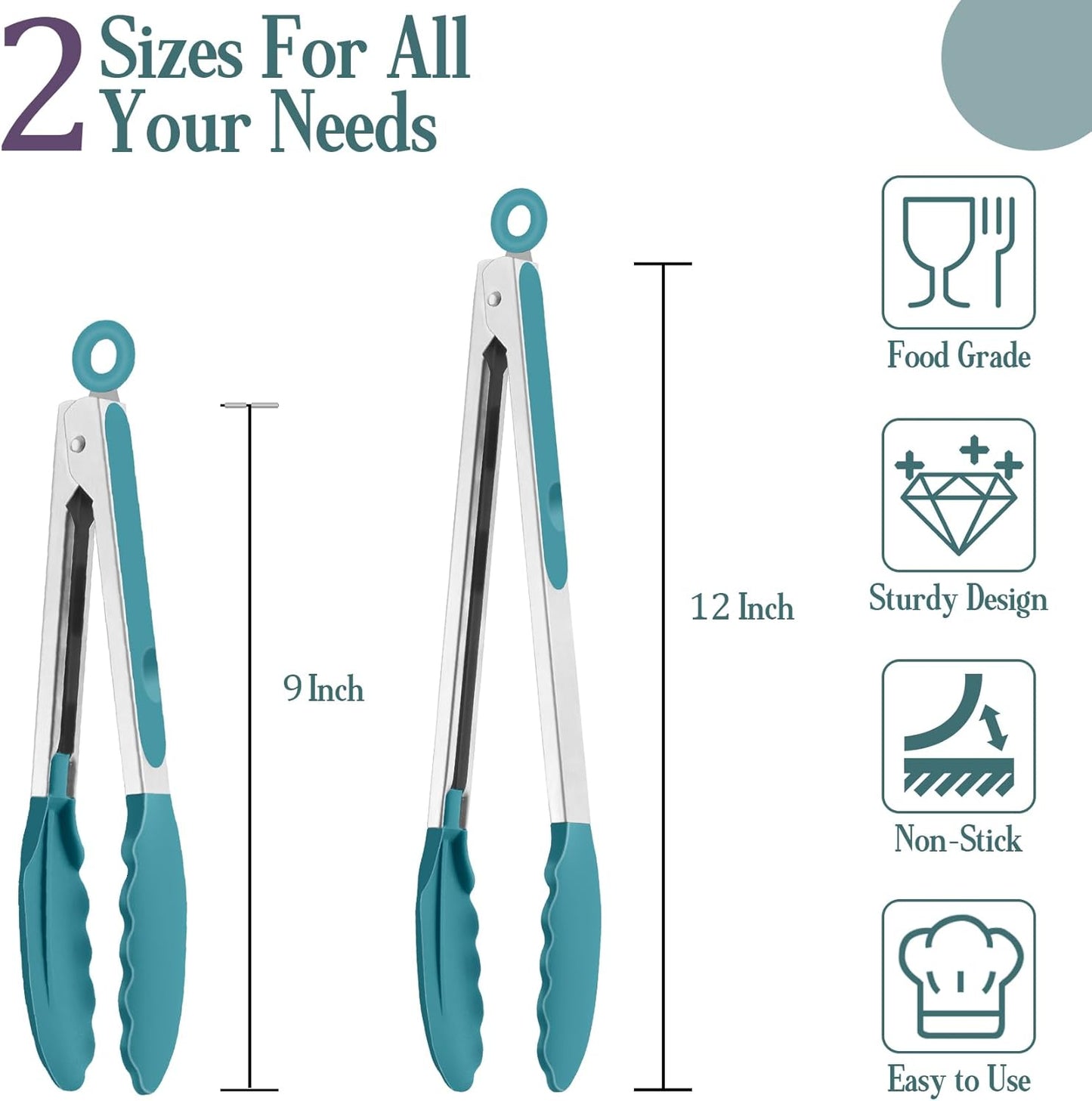 Kitchen Tongs, 9"&12" Stainless Steel Heat Resistant Cooking Tongs | with Silicone Tips for Cooking Grilling Serving & BBQ, Silicone Tongs, Locking Design & Dishwasher Safe, Set of 2 & Khaki
