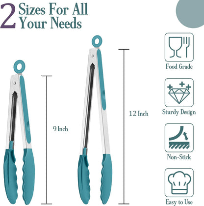 Kitchen Tongs, 9"&12" Stainless Steel Heat Resistant Cooking Tongs | with Silicone Tips for Cooking Grilling Serving & BBQ, Silicone Tongs, Locking Design & Dishwasher Safe, Set of 2 & Khaki