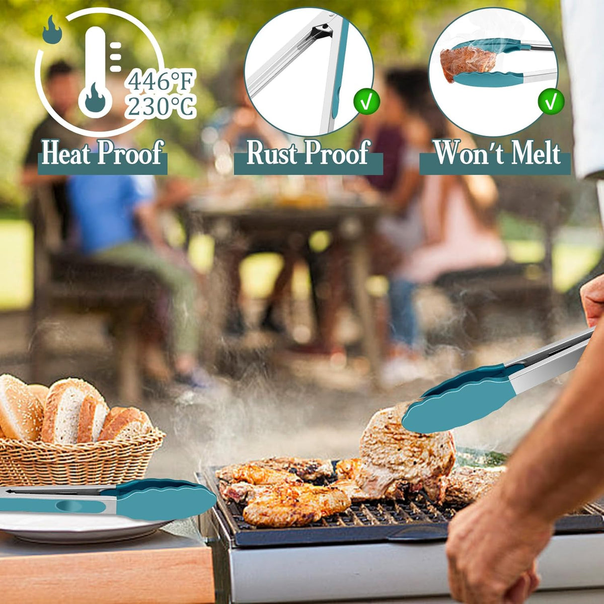 Kitchen Tongs, 9"&12" Stainless Steel Heat Resistant Cooking Tongs | with Silicone Tips for Cooking Grilling Serving & BBQ, Silicone Tongs, Locking Design & Dishwasher Safe, Set of 2 & Khaki