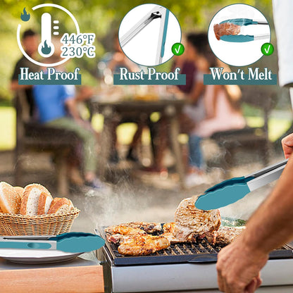 Kitchen Tongs, 9"&12" Stainless Steel Heat Resistant Cooking Tongs | with Silicone Tips for Cooking Grilling Serving & BBQ, Silicone Tongs, Locking Design & Dishwasher Safe, Set of 2 & Khaki