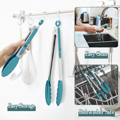 Kitchen Tongs, 9"&12" Stainless Steel Heat Resistant Cooking Tongs | with Silicone Tips for Cooking Grilling Serving & BBQ, Silicone Tongs, Locking Design & Dishwasher Safe, Set of 2 & Khaki