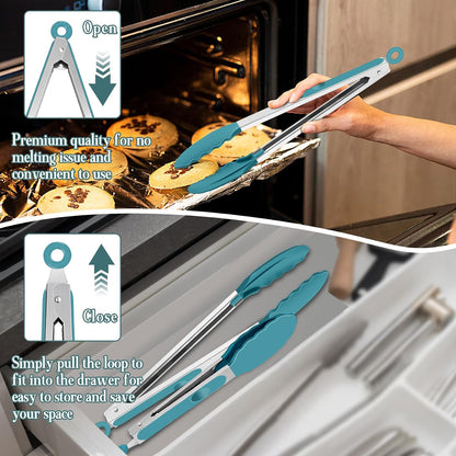 Kitchen Tongs, 9"&12" Stainless Steel Heat Resistant Cooking Tongs | with Silicone Tips for Cooking Grilling Serving & BBQ, Silicone Tongs, Locking Design & Dishwasher Safe, Set of 2 & Khaki