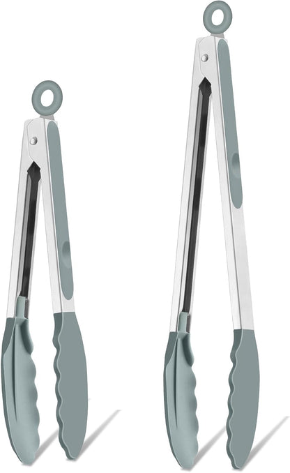 Kitchen Tongs, 9"&12" Stainless Steel Heat Resistant Cooking Tongs | with Silicone Tips for Cooking Grilling Serving & BBQ, Silicone Tongs, Locking Design & Dishwasher Safe, Set of 2 & Khaki