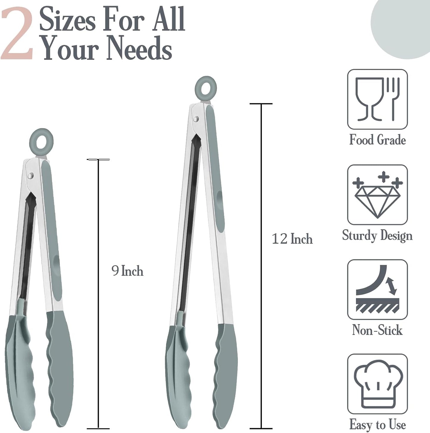 Kitchen Tongs, 9"&12" Stainless Steel Heat Resistant Cooking Tongs | with Silicone Tips for Cooking Grilling Serving & BBQ, Silicone Tongs, Locking Design & Dishwasher Safe, Set of 2 & Khaki