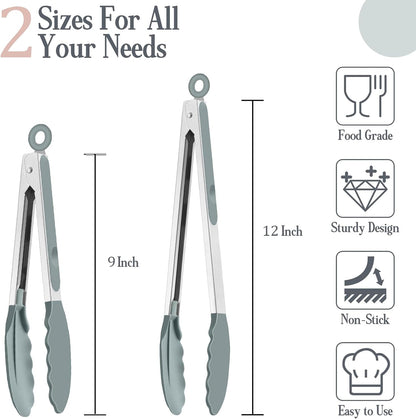 Kitchen Tongs, 9"&12" Stainless Steel Heat Resistant Cooking Tongs | with Silicone Tips for Cooking Grilling Serving & BBQ, Silicone Tongs, Locking Design & Dishwasher Safe, Set of 2 & Khaki