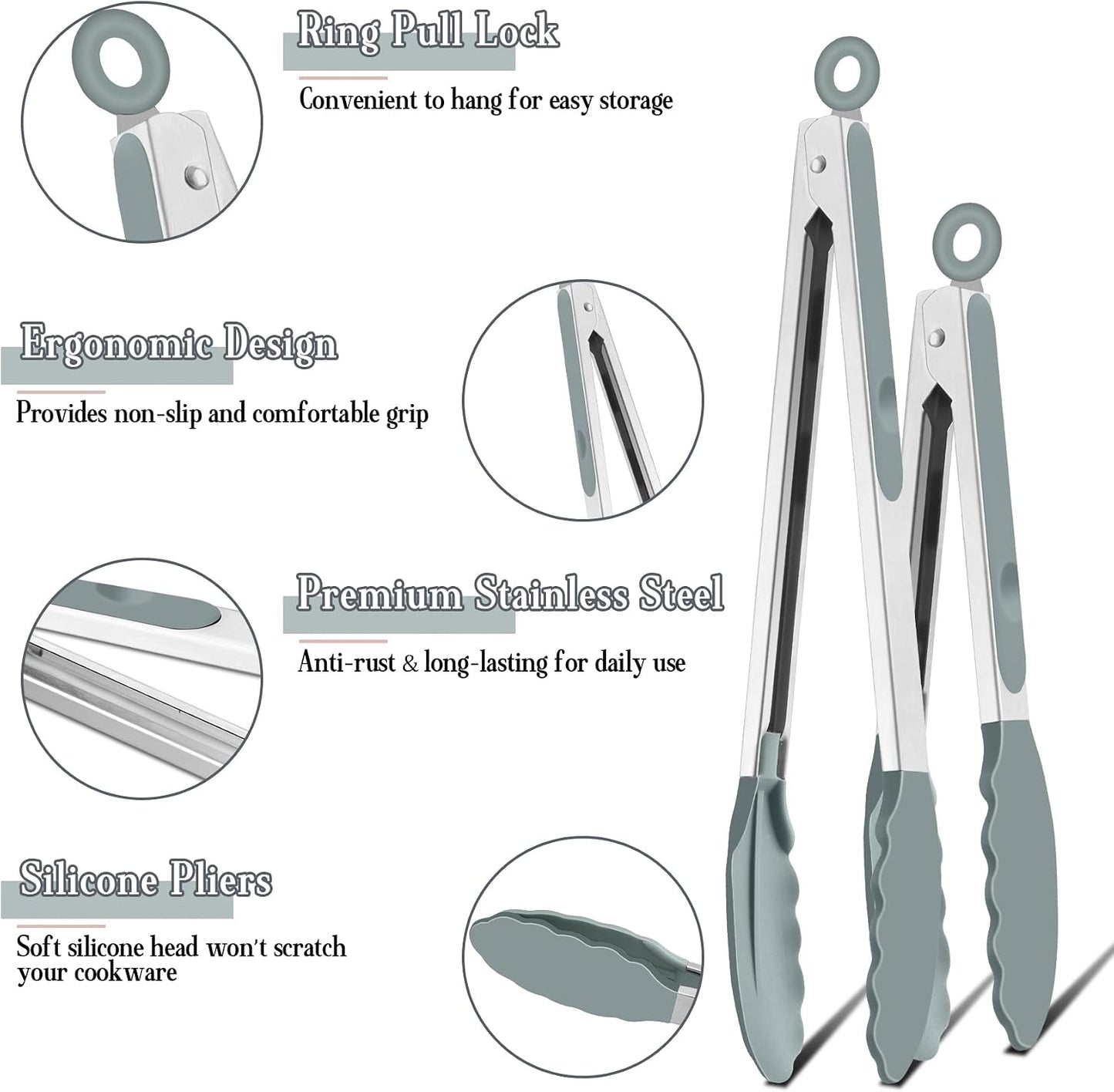 Kitchen Tongs, 9"&12" Stainless Steel Heat Resistant Cooking Tongs | with Silicone Tips for Cooking Grilling Serving & BBQ, Silicone Tongs, Locking Design & Dishwasher Safe, Set of 2 & Khaki