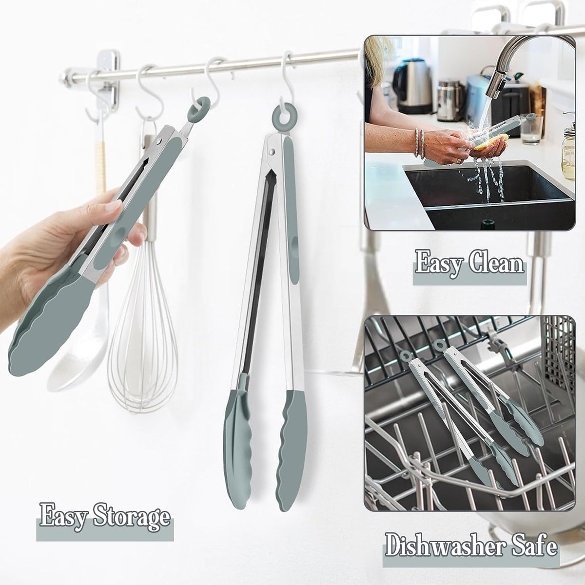 Kitchen Tongs, 9"&12" Stainless Steel Heat Resistant Cooking Tongs | with Silicone Tips for Cooking Grilling Serving & BBQ, Silicone Tongs, Locking Design & Dishwasher Safe, Set of 2 & Khaki