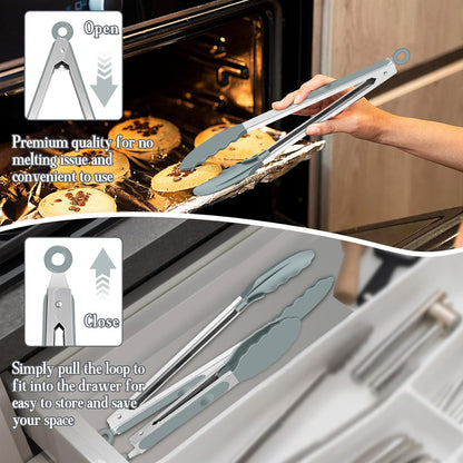 Kitchen Tongs, 9"&12" Stainless Steel Heat Resistant Cooking Tongs | with Silicone Tips for Cooking Grilling Serving & BBQ, Silicone Tongs, Locking Design & Dishwasher Safe, Set of 2 & Khaki